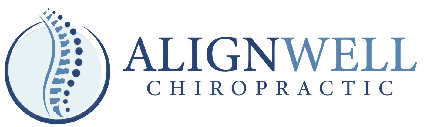 Logo for Alignwell Chiropractic featuring a stylized spine inside a blue circle on the left, with the words “ALIGNWELL CHIROPRACTIC” in bold blue letters to the right.