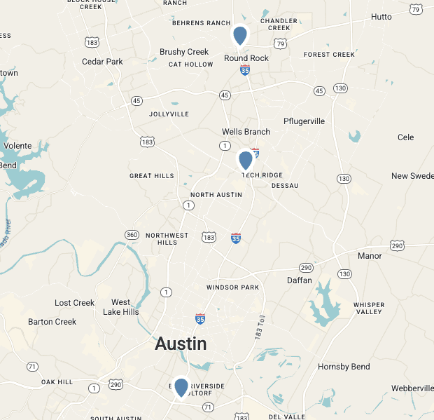 A map of the Austin, Texas area with blue location markers on Round Rock, North Austin, and Riverside, showing major roads and surrounding neighborhoods.